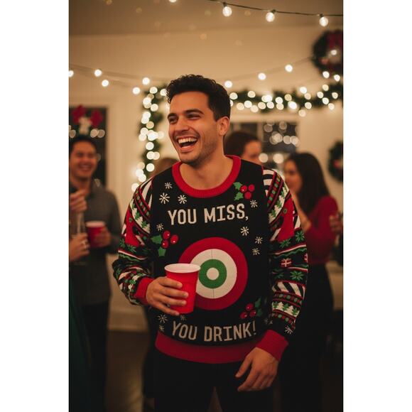 Tipsy Elves Men's Drinking Game Ugly Christmas Sweater Target Size Large - Picture 3 of 8